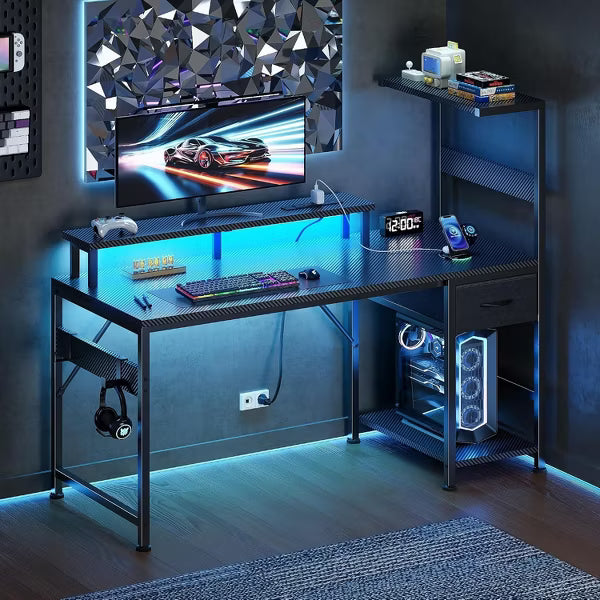 Qwatto 54" Reversible Gaming Desk with Power Outlets and LED Lights Monitor Stand CPU Shelf Side Hooks Home Office PC Workstation Carbon Fiber Black
