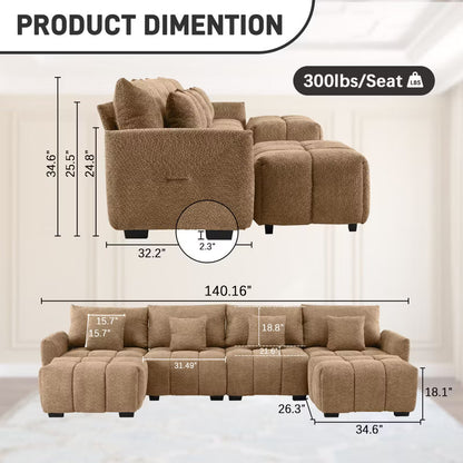 Karl Home |140 in.W Round Arm Boucle L-shaped American Tufed Sofa in Brown with Ottoman