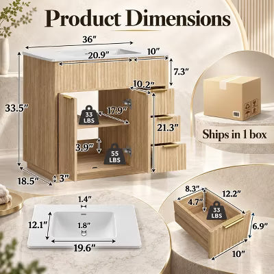 AMERLIFE 36" Bathroom Vanity with Integrated Sink, 3 Drawers and Fluted Front, Natural Oak