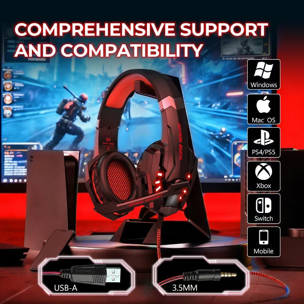 Gaming Headset with Microphone, Compatible with PS4 PS5 Xbox One PC Laptop, Over-Ear Headphones with LED Light, Noise Cancelng Mic Red