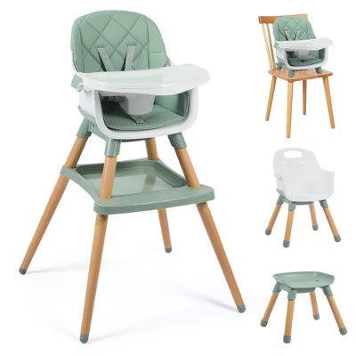 Kinder King 7 in 1 Baby High Chair Convert to Wooden Feeding Chair Removable Tray 5-Point Harness Green