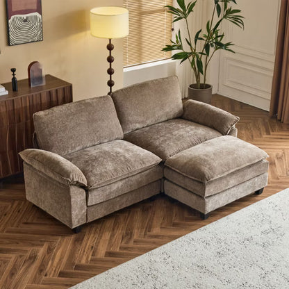 Karl Home |85.4 in. W Pillow Top Arm Double-layer Cushion Chenille Sofa in Brown With Ottoman