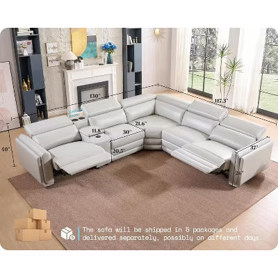 AMERLIFE 129" Power Reclining L-Shaped Sectional Sofa with Console & Speakers, 5-Seater Leather Couch, Light Grey