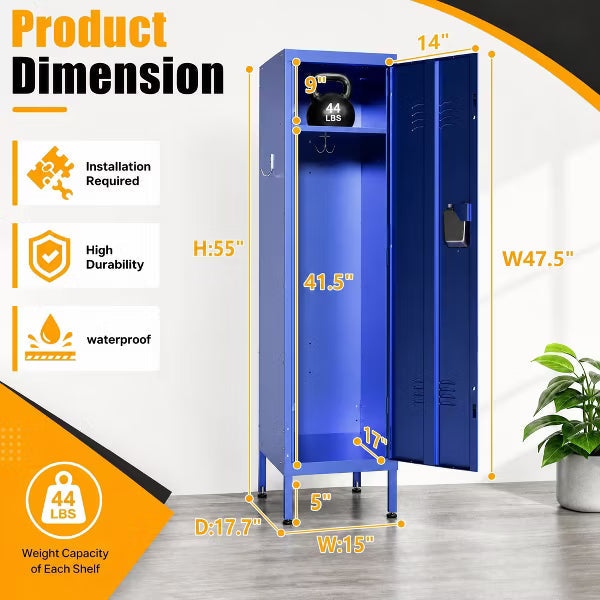 VIYET 55" Blue Metal Wardrobe Cabinet, Slim Steel Clothing Storage Locker with Lock, Ventilated Door, Side Hooks & Anti-Tip Design