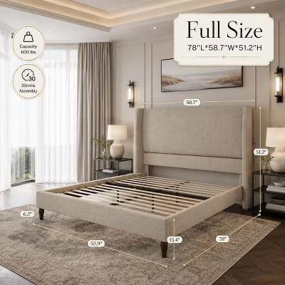 AMERLIFE Full Upholstered Platform Bed with Tall Wingback Headboard, Linen Fabric, Brown