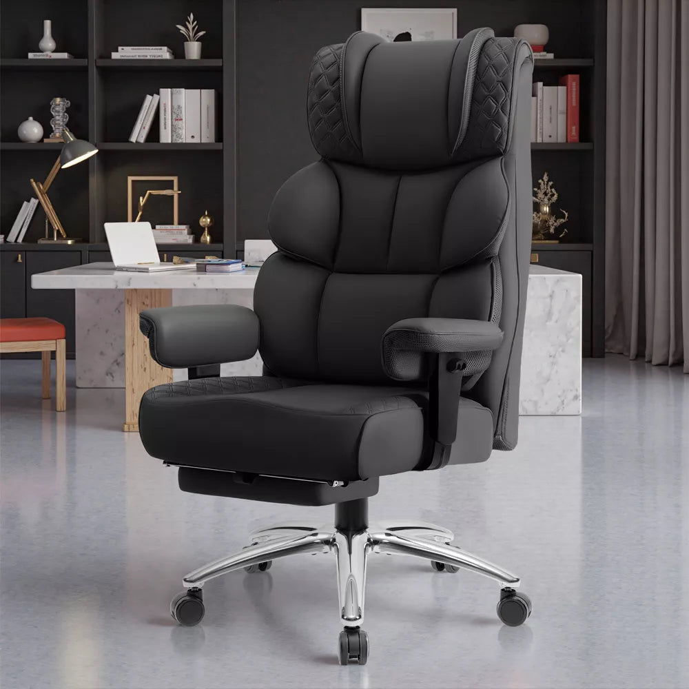 KERDOM Big & Tall Leather Chair with Footrest, Executive Chairs with Lumbar Support, Wide Ergonomic, Comfortable High-Back, 400lbs, Black
