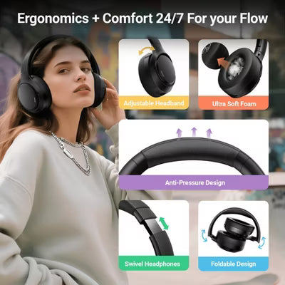Hybrid Active Noise Cancelling Headphones -55dB Wireless Bluetooth with Hi-Res Audio 150H Playtime 8 ENC Mics ANC Over Ear for Travel Home Office