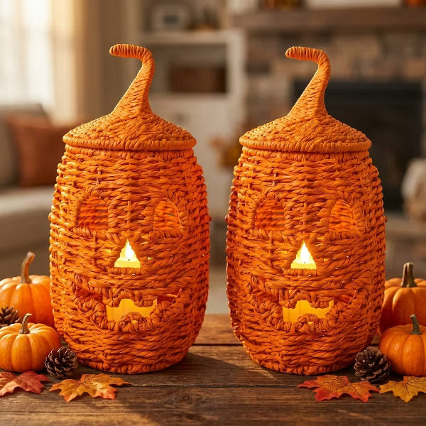 2-Pc Premium Handwoven Halloween Pumpkin Lantern Set, Rustic Black Wicker Jack-O'-Lanterns with LED Candles for Indoor Farmhouse Decor
