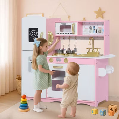Kinder King Wooden Kids Play Kitchen, Toy Kitchen Playset for Toddler, Pretend Oven, Microwave, Realistic Kitchen Sets for Boys Girls Age 3+, Gold