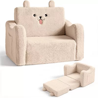 Kinder King Toddler Sofa Chair, 2-in-1 Foldable Baby Couch Flip Open Sofa Bed for Playroom, Beige