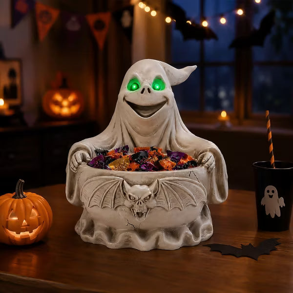 Halloween Ghost Figurine, Spooky Resin Statue with Green Glow Eyes, Creepy Gothic Tabletop Decor for Haunted House Party