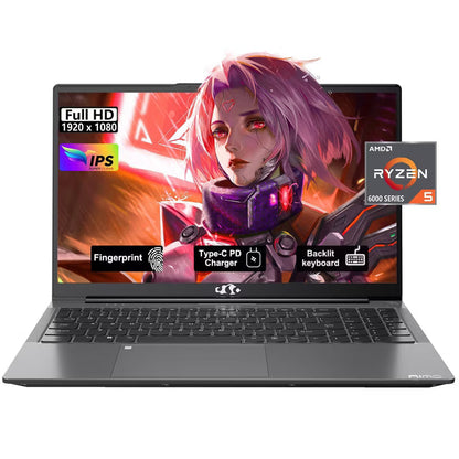 NIMO 15.6" IPS FHD Laptop, AMD Ryzen 5 6600H 16GB RAM DDR5 512GB SSD Radeon 660M 4.5GHz PD 100W Backlit Keyboard Win 11 Gray
