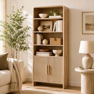 AMERLIFE 71" Modern Bookcase with Fluted Storage Cabinet, 6-Tier Adjustable Shelves, Natural
