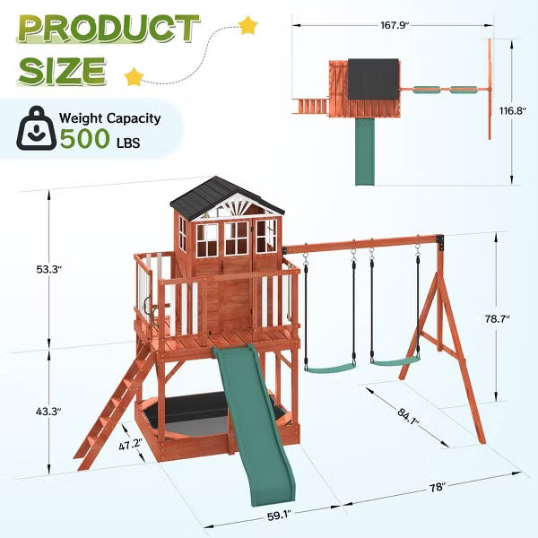 EROMMY Kids Outdoor Wooden Swing Set, Backyard Play Set with Elevated Playhouse, Wave Slide, Belt Swings and Sandbox