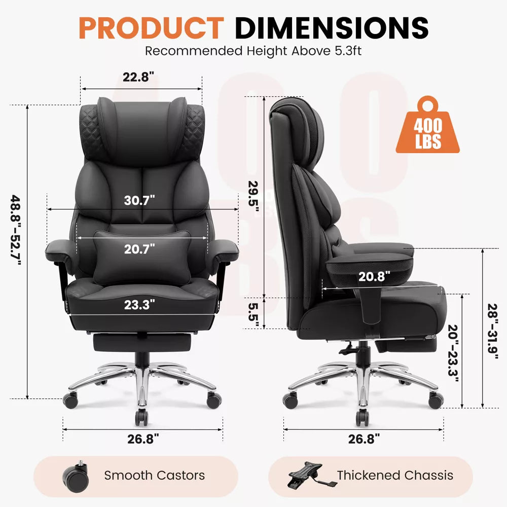 KERDOM Big & Tall Leather Chair with Footrest, Executive Chairs with Lumbar Support, Wide Ergonomic, Comfortable High-Back, 400lbs, Black