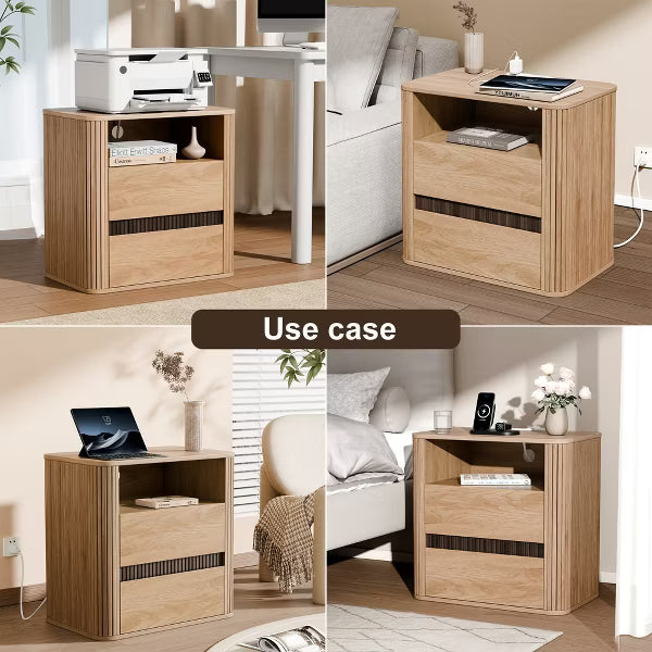 Qwatto Natural Oak Nightstand Charging Station 2 Drawers Roller Blind Design Rounded Modern Bedside Table Mid Century End Table Bedroom Storage