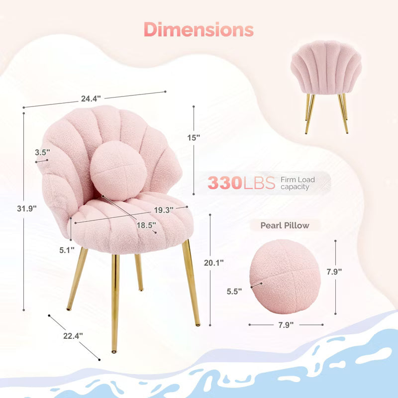 Karl Home Teddy Plush Seashell Vanity Chair with Pillow, Upholstered Makeup Accent Chair with Gold Metal Legs for Bedroom