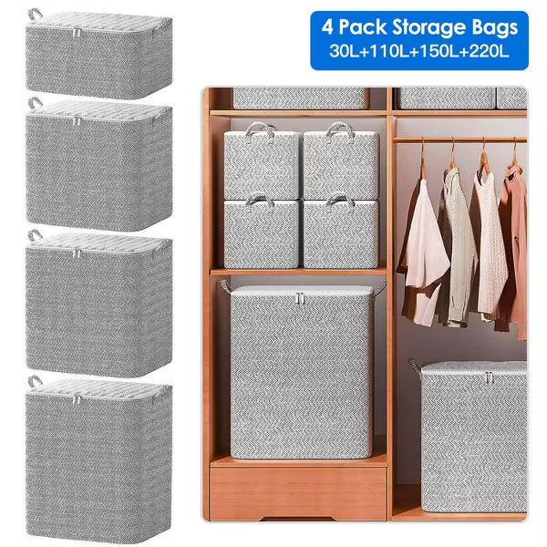 4 Pack Foldable Non Woven Storage Bags Closet Organizers Wardrobe Sorting Baskets with 2 Handles Dustproof Lid Zippe 30L 110L 150L 220L