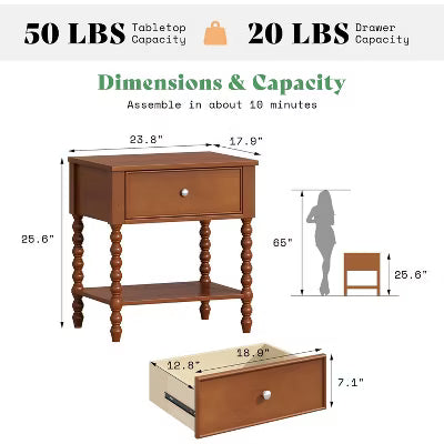 AMERLIFE Nightstand Set of 2 with Drawer and Open Shelf, Solid Wood Bedside Table with Storage, Spindle Legs, Brown