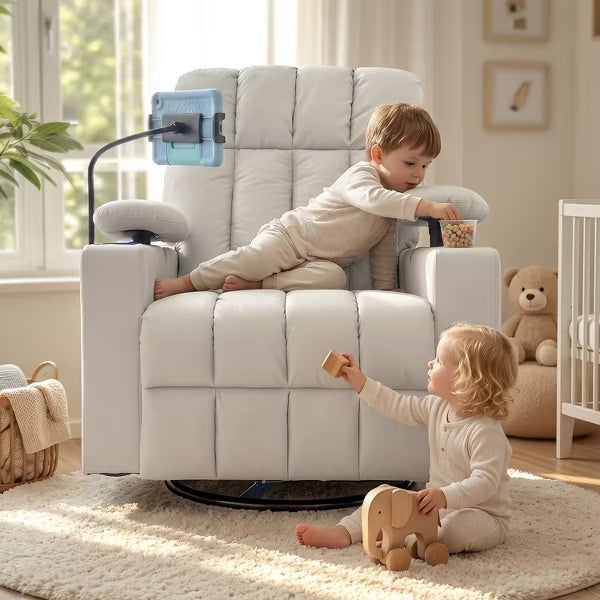 TYBOATLE Smart Power Nursery Glider Recliner with Lumbar Support, Swivel Rocker, Bottle Warmer & Tablet Holder - Cream White