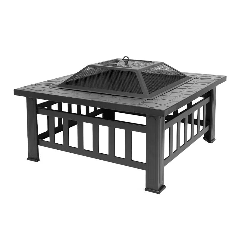 Karl Home 32" Square Wood Burning Fire Pit – Heavy Duty Iron, Black, Outdoor Patio Backyard Bonfire