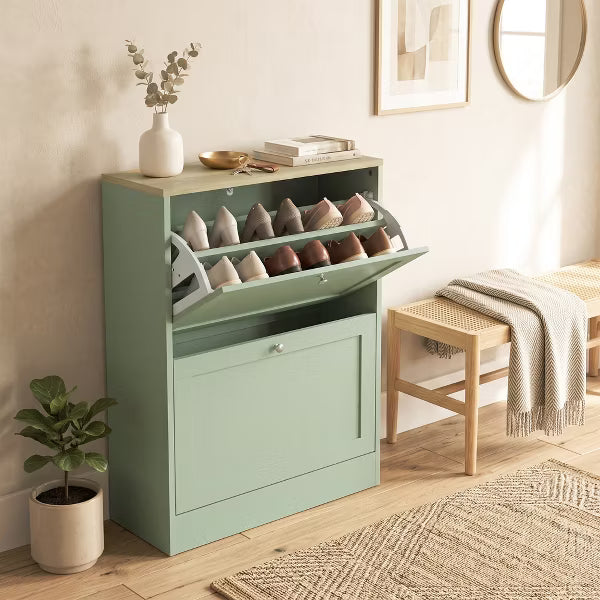 Narrow Shoe Storage Cabinet for Entryway with 2 Flip Drawers, Adjustable Shelves, Hidden Shoe Organizer with Light Oak Top