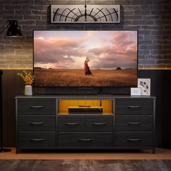 Qwatto 55'' Black TV Stand Dresser 9 Drawers With Charging Station LED Media Console For TVs Up To 65 Inch Bedroom Storage Chest Wood Entertainment
