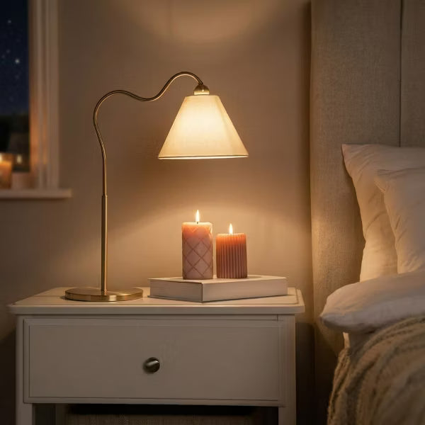 Brass Table Lamp for Bedroom&Living room with Fabric Shade, Curved Metal Base Bedside Lamp for Nightstand, Dorm&Apartment Essentials