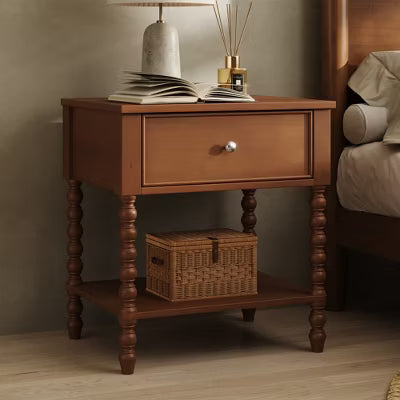 AMERLIFE Nightstand Set of 2 with Drawer and Open Shelf, Solid Wood Bedside Table with Storage, Spindle Legs, Brown