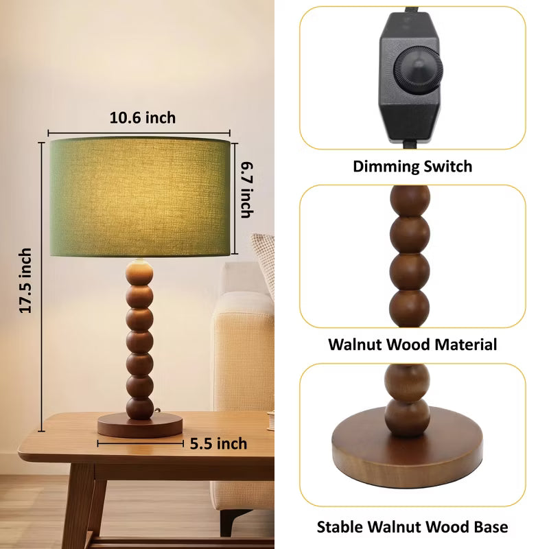 Walnut Wood Ball Table Lamp Green Shade, Walnut Sphere Accent Lamp, Green Shade Wooden Desk Lamp for Bedroom Study Living Room