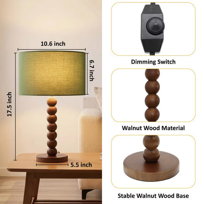 Walnut Wood Ball Table Lamp Green Shade, Walnut Sphere Accent Lamp, Green Shade Wooden Desk Lamp for Bedroom Study Living Room