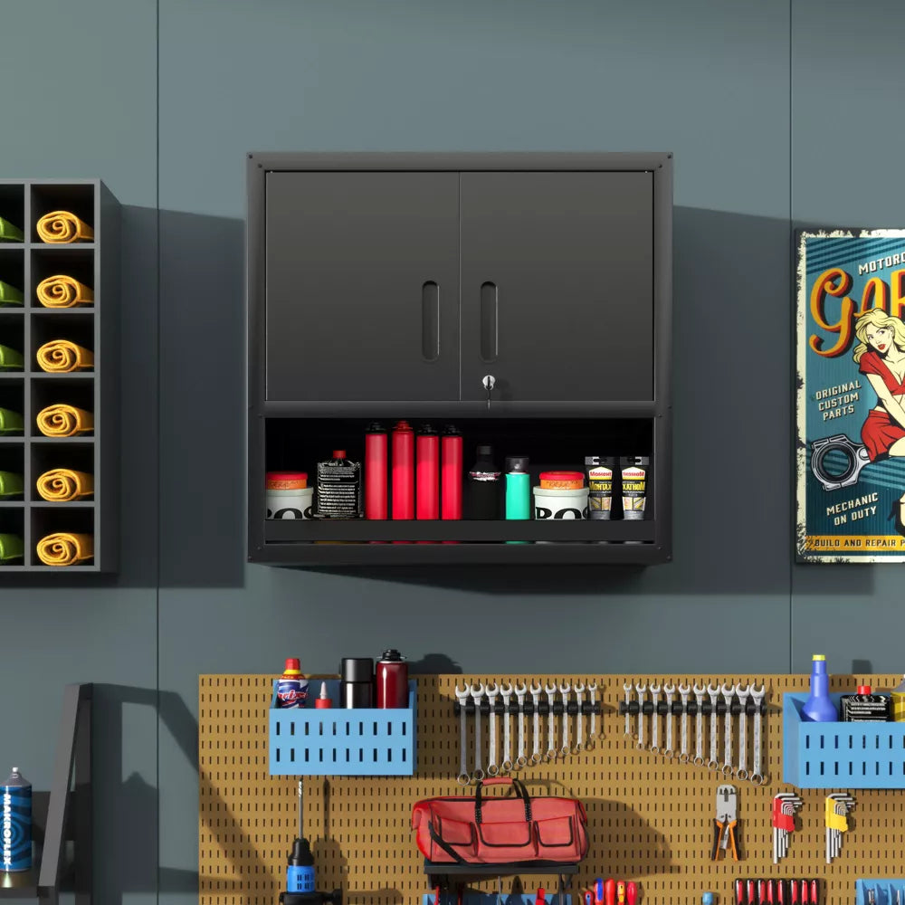 VIYET Wall Mounted Storage Cabinet with Drawer & Shelf, Heavy Duty Steel Garage Wall Cabinet with Locking Doors