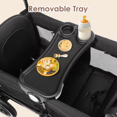 Kinder King Folding Wagon Stroller for 2 Kids, Adjustable Handle, All-Terrain Shock-Absorbing Wheel, Detachable Tray, Diaper Bag, Black