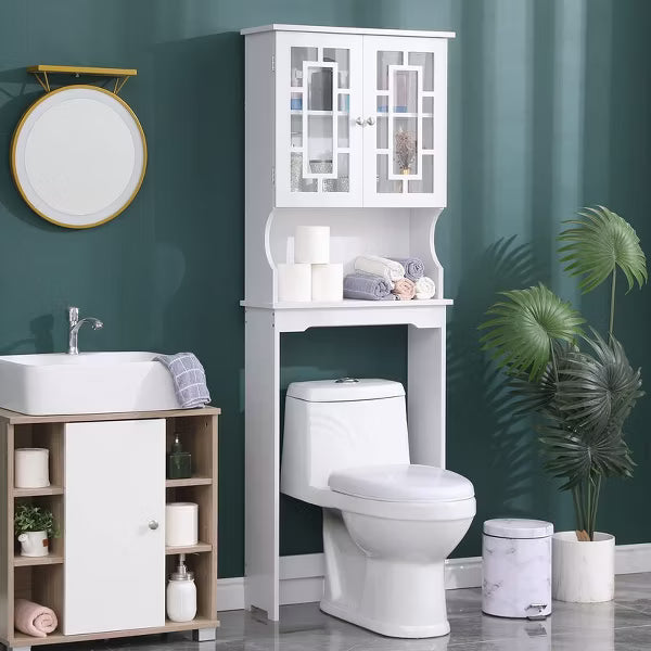 Erommy Over-The-Toilet Storage, Wooden Bathroom Organizer, with 2 Glass Doors & Adjustable Shelf for Bathroom, White