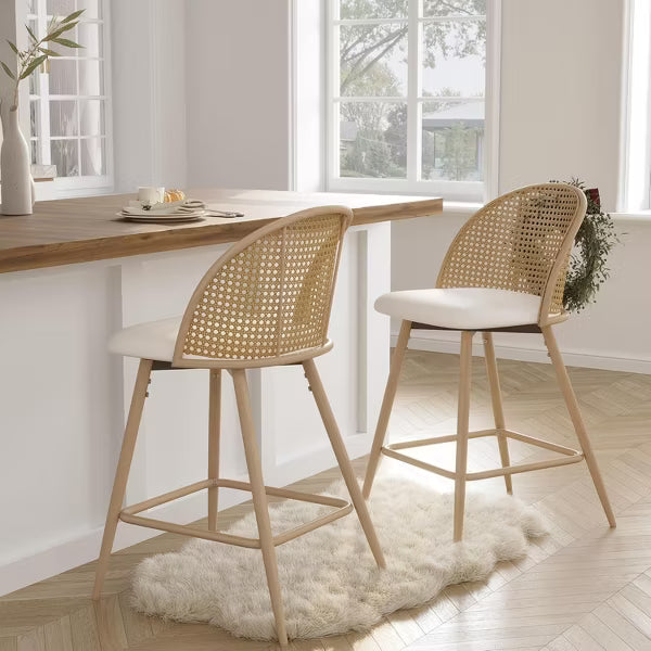 TYBOATLE 26" Swivel Rattan Bar Stools Set of 2, Modern Mid-Century High Bar Chairs with Faux Leather Cushion/Metal Legs for Kitchen Counter, White