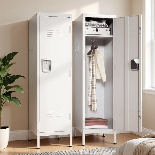 VIYET 55" White Metal Wardrobe Cabinet, Narrow Steel Clothing Storage with Lock & Ventilated Door, Side Hooks, Freestanding Closet