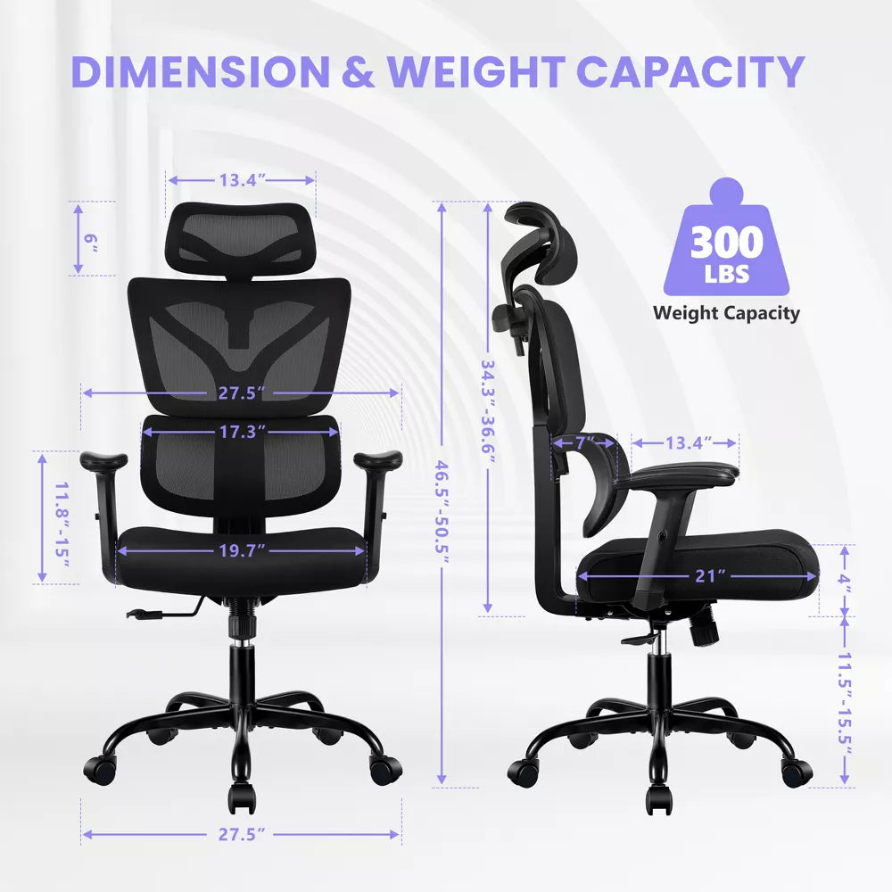 KERDOM Ergonomic High Back Mesh Office Chair, Mesh High Back Desk Chair with Adjustable Headrest, Lumbar Support, Reclining Function,Black