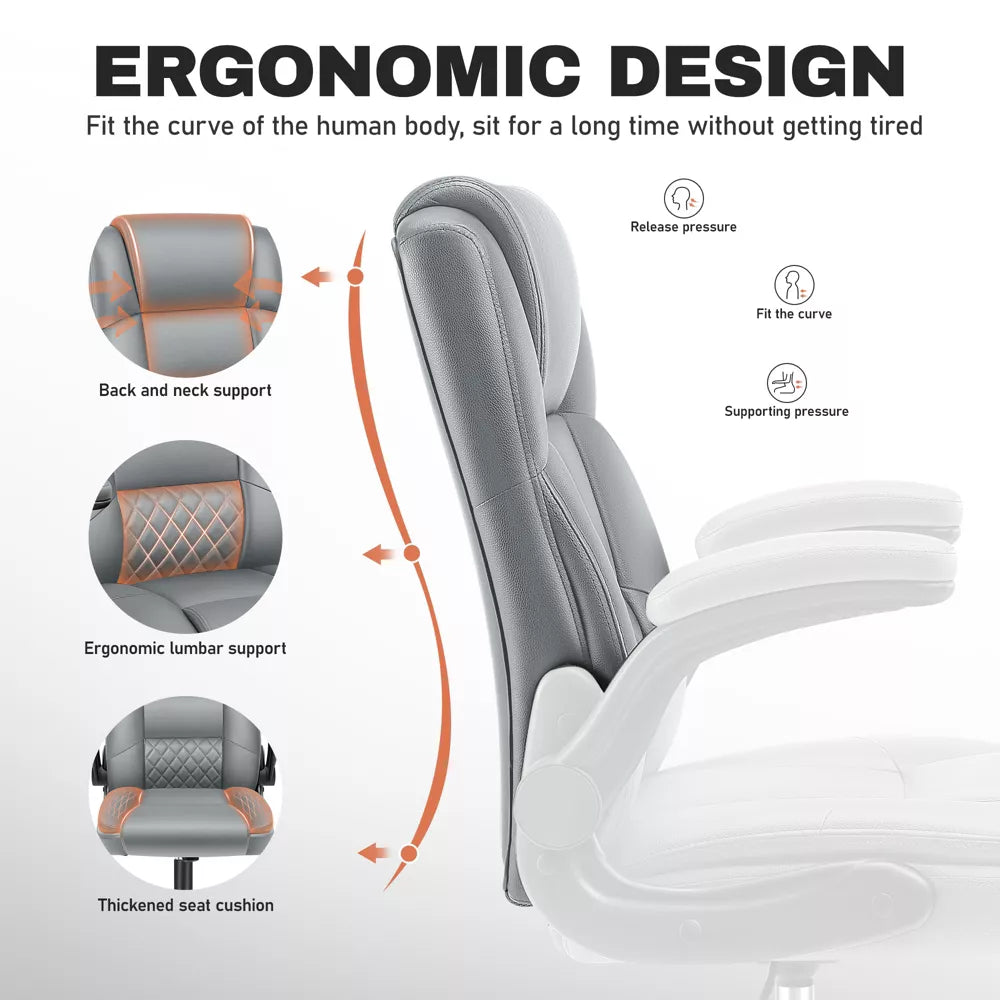 KERDOM High Back PU Leather Executive Office Chair, Flip Up Armrest Reclining Desk Chair with Rocking & Height Adjustable for Home Office,Gray