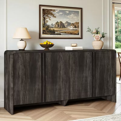 AMERIFE 63" Fluted TV Stand Media Console with Storage, Adjustable Shelves, Engineered Wood, Black