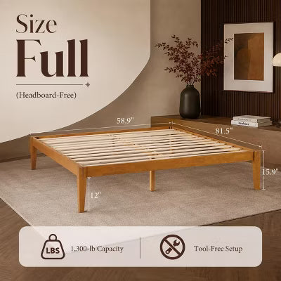 AMERLIFE Full Solid Wood Platform Bed Frame with Tool-Free Joinery, Brown