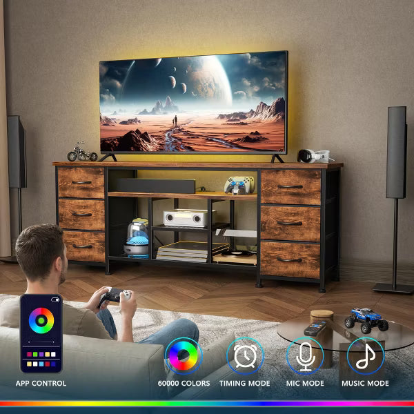 Qwatto 63 Inch Brown TV Stand Dresser with Charging Station LED Lights 6 Fabric Drawers Entertainment Center for TVs up to 70 Inch Bedroom Storage