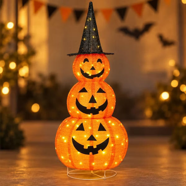 5ft 1pc Lighted Collapsible Stacked Pumpkin, 100 Warm White LED Lights, Pop-Up Jack-O'-Lantern with Witch Hat for Outdoor Halloween Yard & Porch Decor