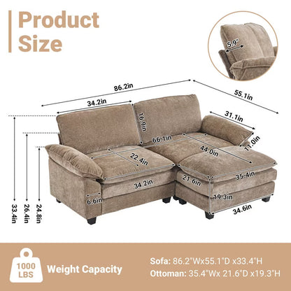 Karl Home |85.4 in. W Pillow Top Arm Double-layer Cushion Chenille Sofa in Brown With Ottoman