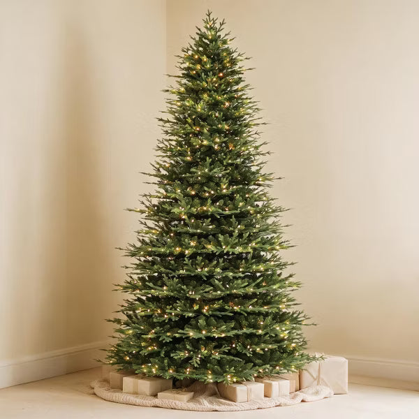 VIVATREES 12ft Prelit Artificial Christmas Tree with Warm White LED Lights Hinged Branches Metal Stand for Decor Holiday