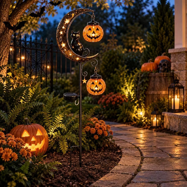 LauKingdom 31.5" Black Cat Pumpkin Solar Garden Stake Light Halloween Outdoor Decor for Yard Lawn Pathway Patio