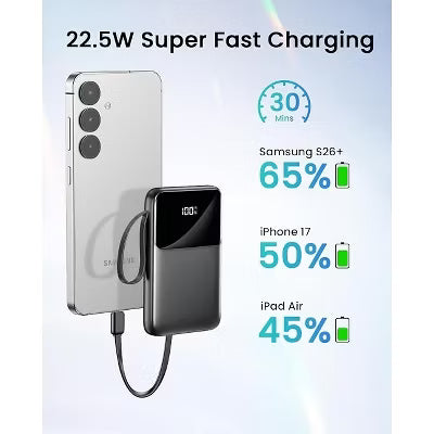 10000mAh Power Bank with Built-in USB-C Cable & 15W MagSafe Wireless Charging, 22.5W PD Fast Charger for iPhone 15/14/13/12, Travel Essential