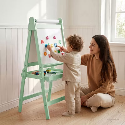 Kinder King Kids Art Easel, 4-in-1 Magnetic Whiteboard, Chalkboard and Paper Roll Drawing Board with Storage Tray, Green