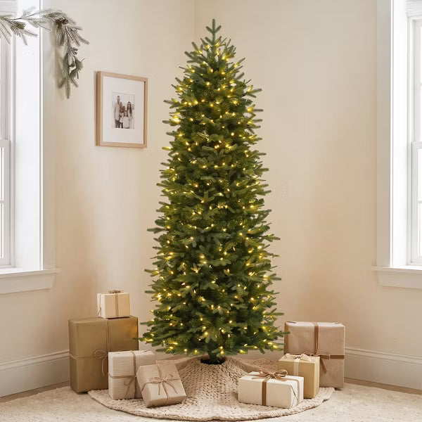 VIVATREES 6ft Pre-lit Christmas Tree Slim Artificial Hinged Mixed PVC PE Branch Tips Warm White LED Lights Foldable Base