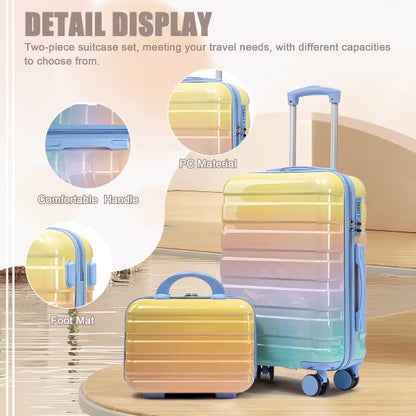 14"/20" 2 pcs/set in PC Spinner Wheel Luggage, Carry on Kid Suitcase, Kid Suitcase wheel, With Gradient Color and Combination Lock, Blue+Yellow