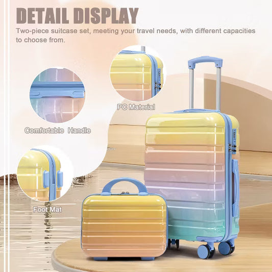 14"/20" 2 pcs/set in PC Spinner Wheel Luggage, Carry on Kid Suitcase, Kid Suitcase wheel, With Gradient Color and Combination Lock, Blue+Yellow